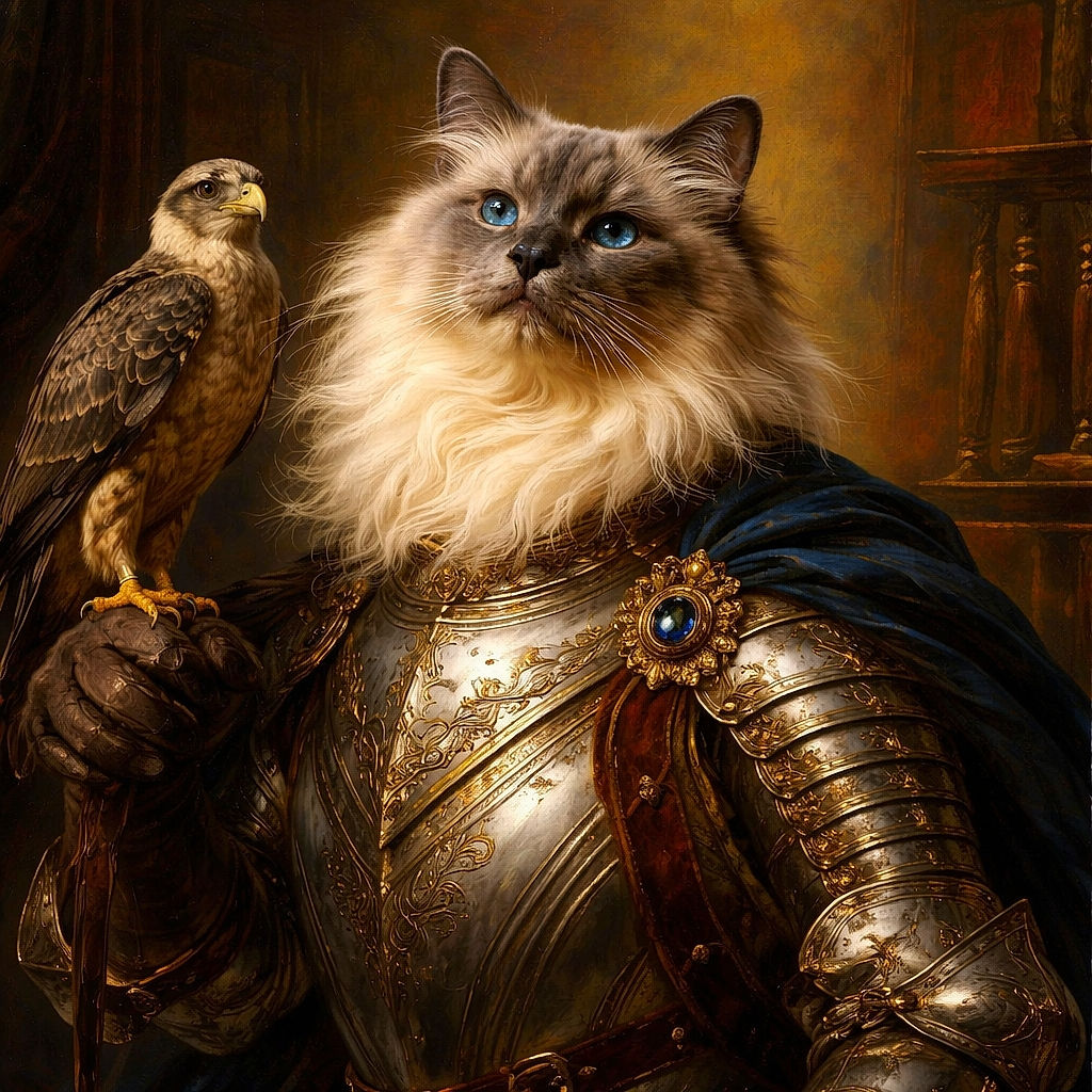 A fluffy, regal cat with a majestic mane sits upright on a teal quilted chair, looking directly at the camera with a calm and slightly curious expression, while a mustard yellow pillow peeks out from behind.