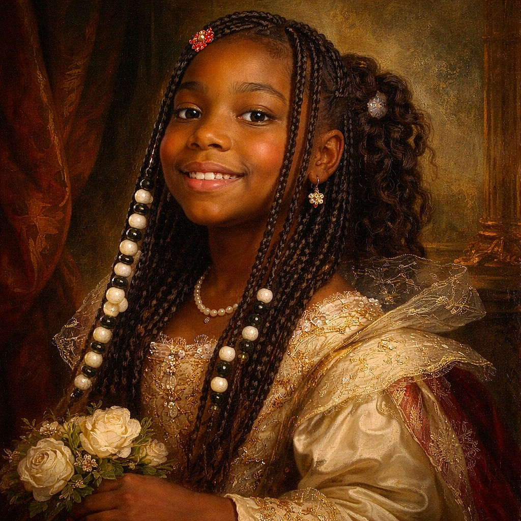 A cheerful young girl with beautifully braided hair decorated with beads smiles brightly at the camera. She appears to be in a classroom setting with desks and chairs visible in the background, exuding a joyful and lively atmosphere.