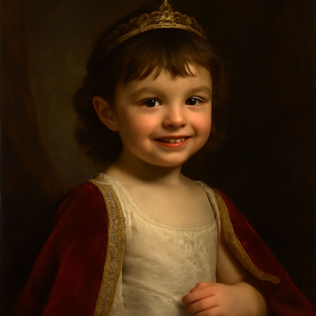 A cheerful toddler with curly hair and a white dress smiles softly, caught in a candid moment indoors with wooden stairs and hanging clothes in the background, giving off a warm, homey vibe.