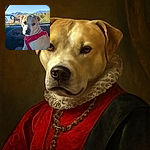 A charming dog wearing a bright red harness sits patiently in the passenger seat of a car, gazing thoughtfully at the camera. The window reveals a scenic backdrop of mountains and greenery under a clear blue sky, adding a serene outdoor vibe to this cozy car moment.
