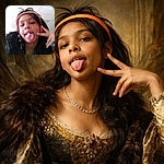 A playful child wearing bright orange headphones sticks out their tongue and flashes a peace sign in a casual indoor setting, with a slightly messy hairdo and a cozy jacket with a furry collar.