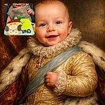 A smiling baby cozily nestled in a car seat, clutching a colorful owl-themed soft book, with a gray bib around the neck and a clear warning label visible on the side.