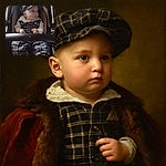 A baby dressed in a stylish black and white checkered outfit with a matching cap sits comfortably in a stroller, looking off to the side with a curious expression. The cozy setting and soft lighting give the photo a warm, candid feel.