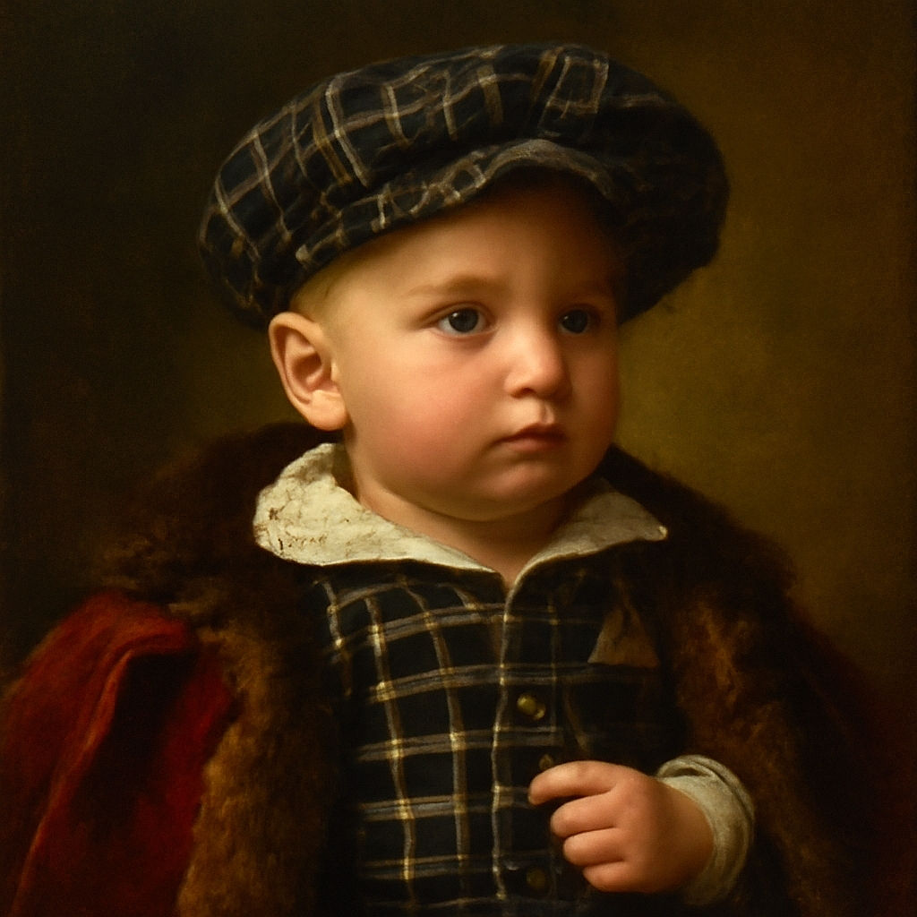 A baby dressed in a stylish black and white checkered outfit with a matching cap sits comfortably in a stroller, looking off to the side with a curious expression. The cozy setting and soft lighting give the photo a warm, candid feel.