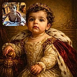 A curious baby with big eyes and tousled hair sits in a baby walker, gripping the toy bar, with a cozy kitchen scene in the background and a person busy at the counter.