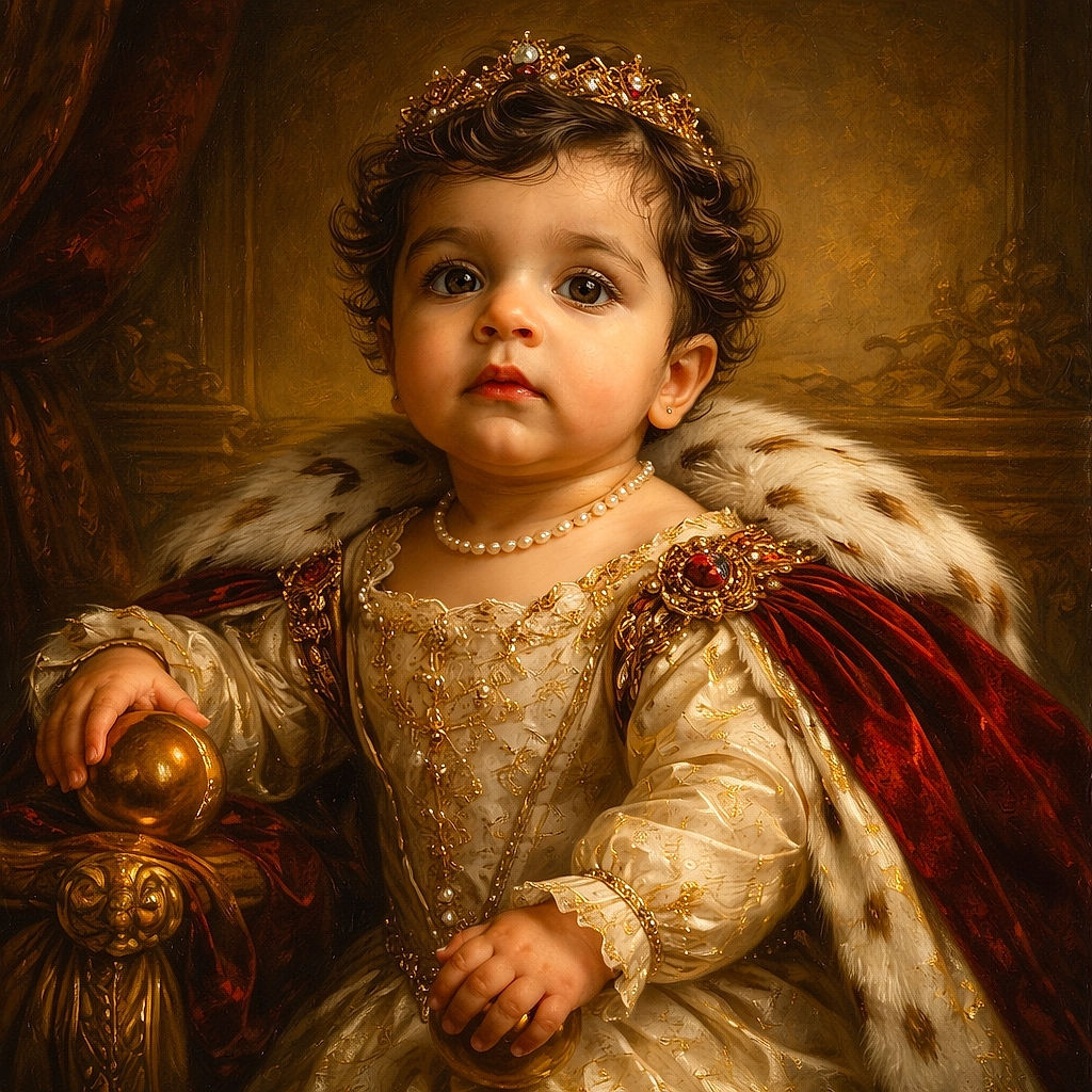A curious baby with big eyes and tousled hair sits in a baby walker, gripping the toy bar, with a cozy kitchen scene in the background and a person busy at the counter.