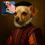 A small dog wearing a cute pink sweater with red hearts is curled up on a dark blue blanket surrounded by colorful plush and fuzzy blankets, giving off cozy and adorable vibes.