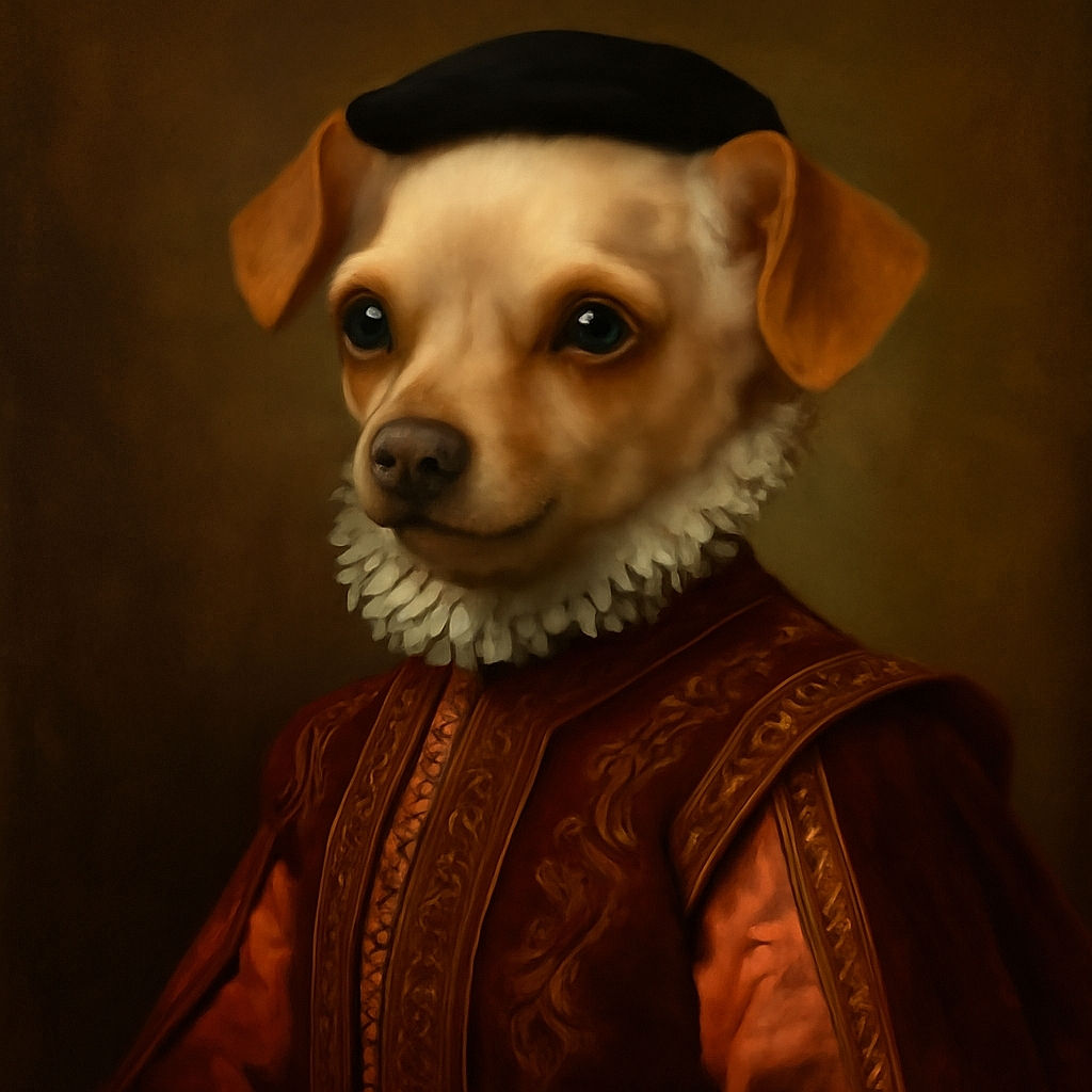 A small dog wearing a cute pink sweater with red hearts is curled up on a dark blue blanket surrounded by colorful plush and fuzzy blankets, giving off cozy and adorable vibes.