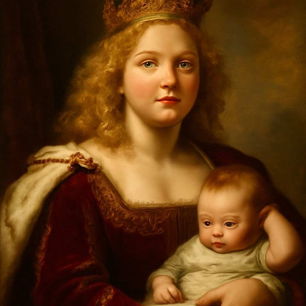 A close-up selfie of a woman with curly blonde hair making a playful pouty face while holding a baby dressed in a floral onesie who is looking down and moving their arm, set in a cozy indoor environment with various household items in the background.