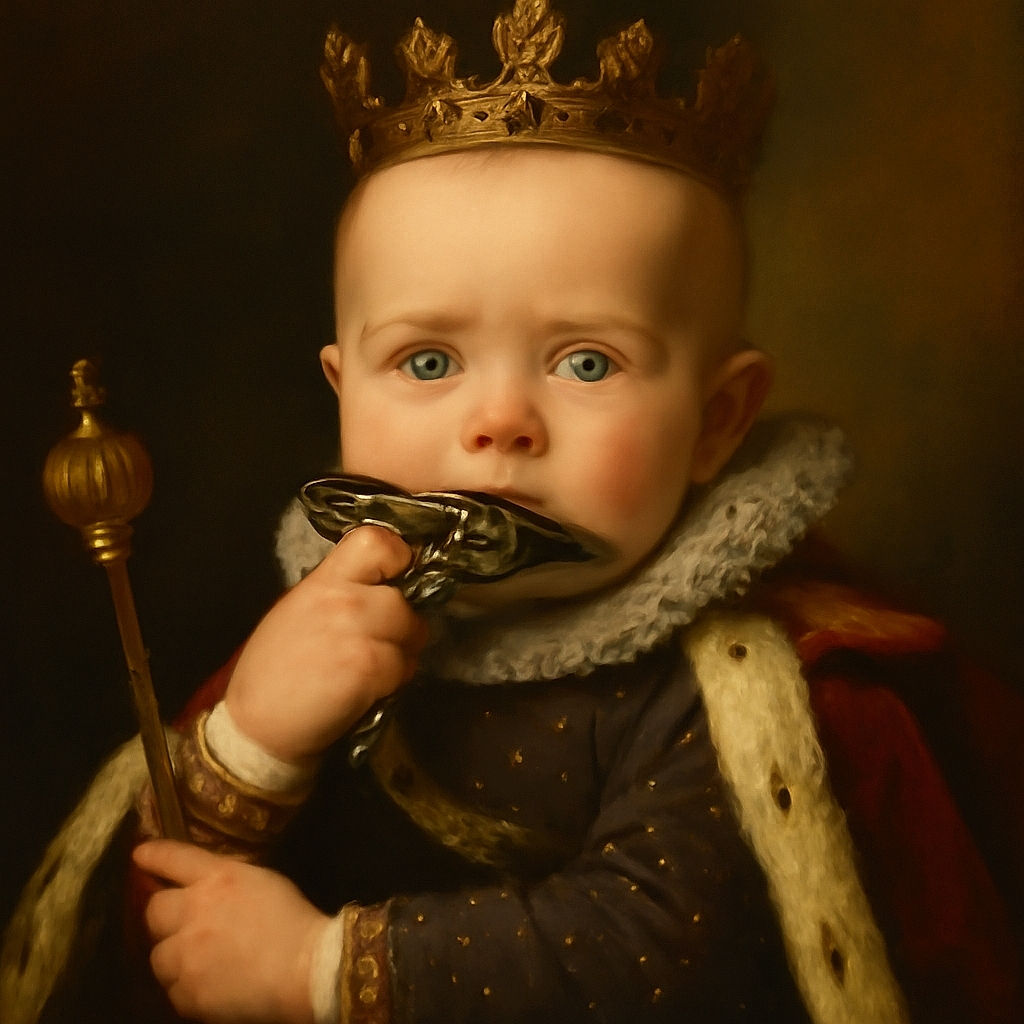 A curious baby with bright blue eyes is chewing on a patterned fabric toy, dressed in a polka-dotted outfit, sitting in a colorful baby seat with rustic wooden chairs in the background.