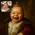 A joyful baby with a shiny bald head and a big toothy smile reaches towards the camera, wrapped in cozy blankets with a spotted pattern, radiating pure happiness and warmth.