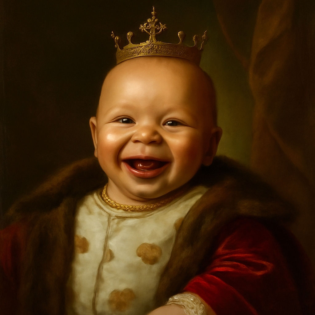 A joyful baby with a shiny bald head and a big toothy smile reaches towards the camera, wrapped in cozy blankets with a spotted pattern, radiating pure happiness and warmth.