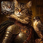 A close-up photo of a tabby cat with a slightly squinting expression, showing its detailed fur pattern. The image is somewhat blurry and pixelated, with a blue background and part of a blanket or fabric visible at the bottom.