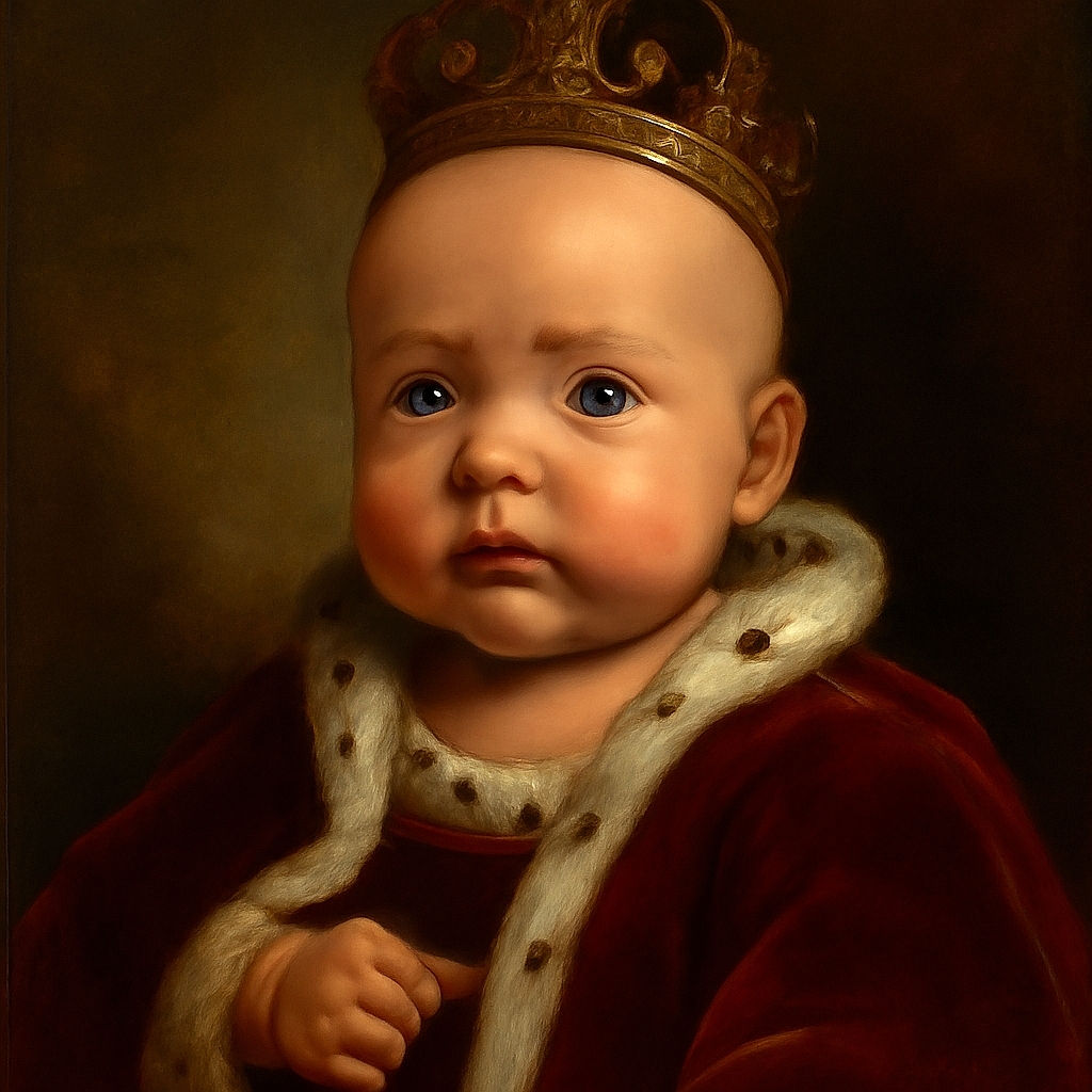 A close-up photo of a curious baby with wide eyes and chubby cheeks, wearing a white outfit, held gently by a hand with manicured nails, creating an intimate and heartwarming moment.