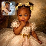 A cute baby girl sitting on a bed with white sheets, wearing a pink outfit and a white tutu skirt, sporting two shiny gold bows in her hair while sucking on her fingers, looking curiously at the camera.