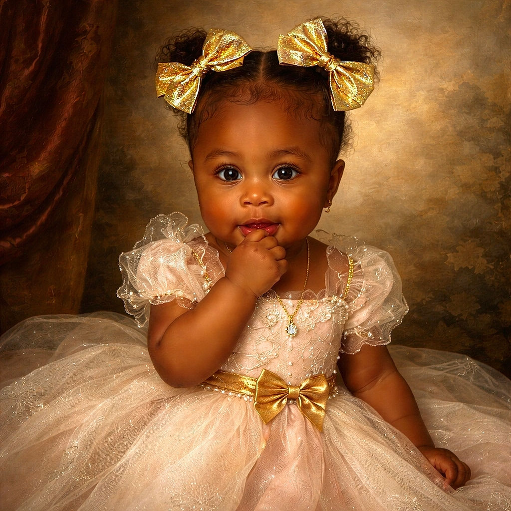 A cute baby girl sitting on a bed with white sheets, wearing a pink outfit and a white tutu skirt, sporting two shiny gold bows in her hair while sucking on her fingers, looking curiously at the camera.
