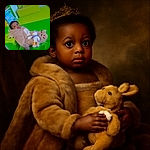 A curious baby dressed in a cozy animal onesie lounges on a brightly colored play mat, clutching a plush duck toy while wide-eyed and alert, with a playful indoor setting and a text overlay indicating the location in France.