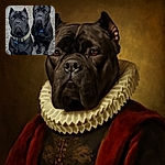 Two majestic black dogs sit obediently on a gravel path, their intense eyes locked on the camera. Behind them, a person in ripped jeans and a plaid jacket holds their leashes, adding a casual outdoor vibe to the scene.