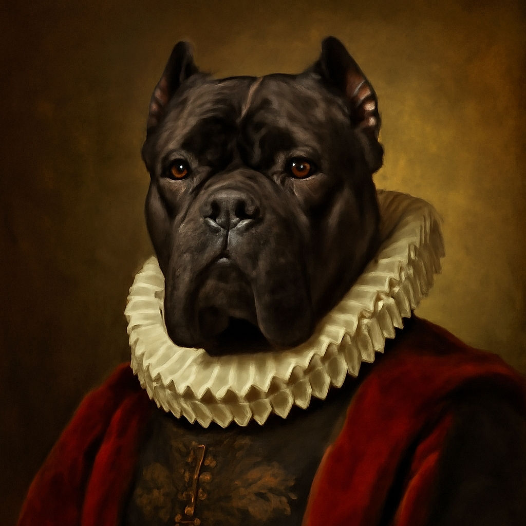 Two majestic black dogs sit obediently on a gravel path, their intense eyes locked on the camera. Behind them, a person in ripped jeans and a plaid jacket holds their leashes, adding a casual outdoor vibe to the scene.