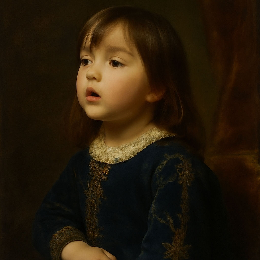 A curious toddler with tousled hair and a navy blue shirt gazes upwards, bathed in soft natural light that highlights the gentle texture of their hair and delicate facial features, sitting on a wooden floor with a green mat in the background.