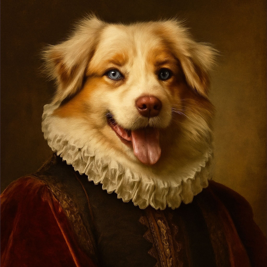 A fluffy, muddy white and brown dog with bright blue eyes is sitting happily outdoors on a dirt patch, tongue out and looking like it just had a fun adventure in the wild.
