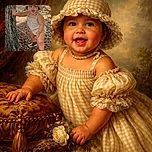 A joyful toddler in a matching gingham hat and romper is caught mid-step outdoors, gripping a tree trunk for balance with a big, happy smile lighting up the scene filled with dry leaves and soft natural light.
