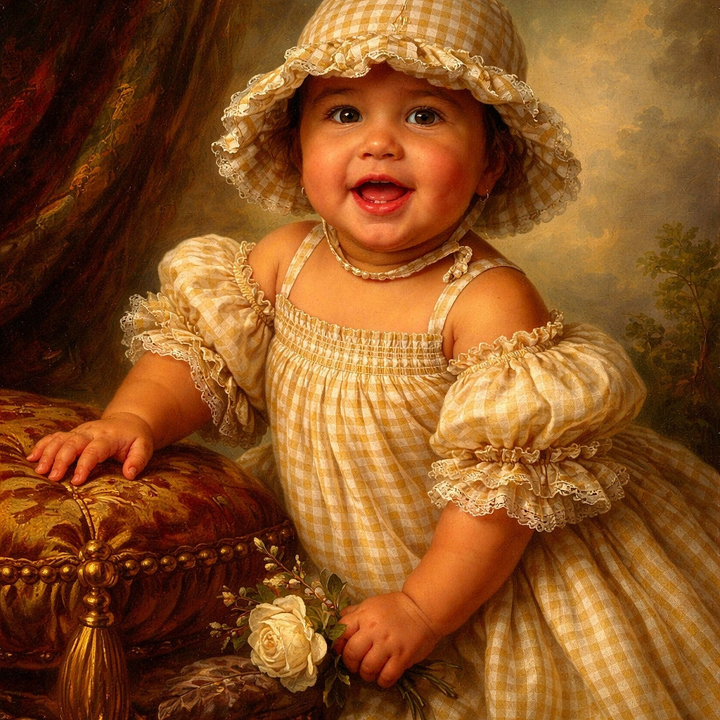 A joyful toddler in a matching gingham hat and romper is caught mid-step outdoors, gripping a tree trunk for balance with a big, happy smile lighting up the scene filled with dry leaves and soft natural light.