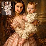 A proud big sister holding a tiny human like a precious potato — both stare at the camera with perfectly judged seriousness while pajamas and floral prints compete for the 'cutest outfit' award.