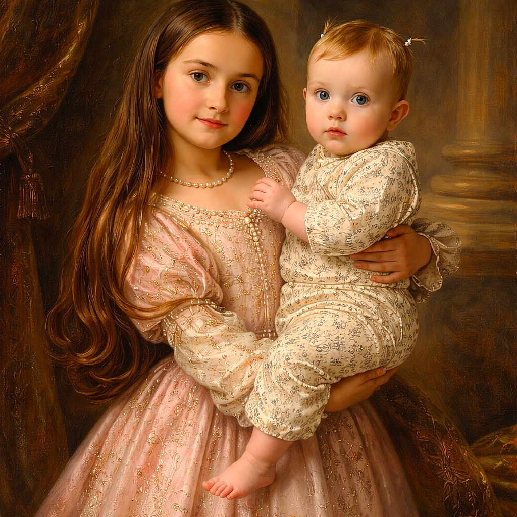 A proud big sister holding a tiny human like a precious potato — both stare at the camera with perfectly judged seriousness while pajamas and floral prints compete for the 'cutest outfit' award.