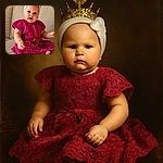 A chubby-cheeked baby sits adorably on a beige couch, wearing a vibrant magenta crocheted dress and a white headband with a large bow, looking curiously at the camera with a hint of a smile.