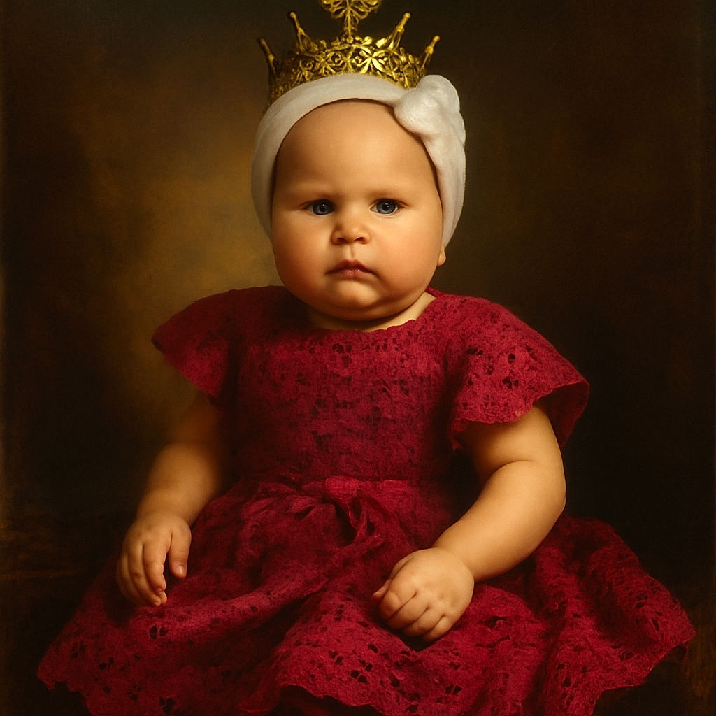 A chubby-cheeked baby sits adorably on a beige couch, wearing a vibrant magenta crocheted dress and a white headband with a large bow, looking curiously at the camera with a hint of a smile.