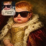 A chubby-cheeked baby sporting oversized black sunglasses and a shirt that proudly declares 'Daddy's Girl,' looking like the coolest tiny celebrity at the family gathering.