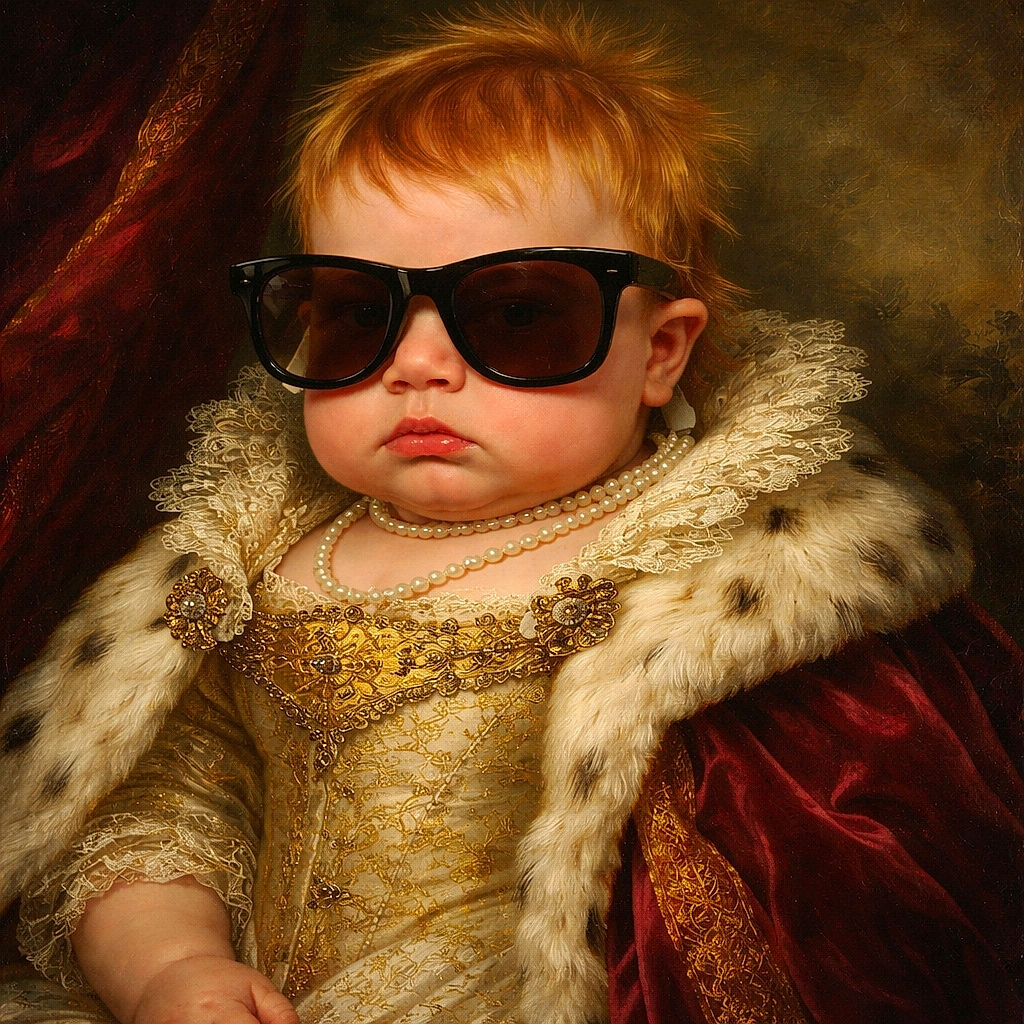 A chubby-cheeked baby sporting oversized black sunglasses and a shirt that proudly declares 'Daddy's Girl,' looking like the coolest tiny celebrity at the family gathering.