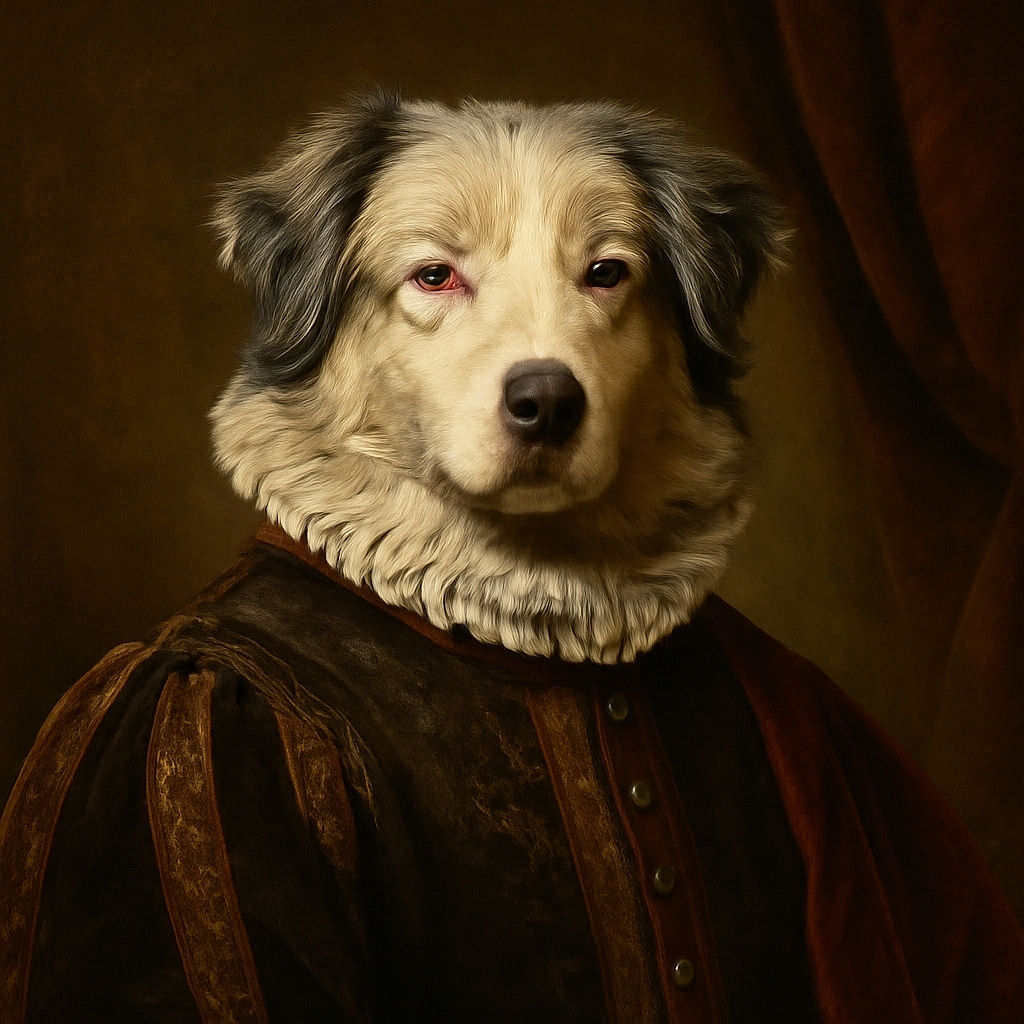 A fluffy dog with a curious expression stands halfway up a worn wooden staircase, looking like it's guarding the steps. The warm indoor lighting brings out the texture of the wood and the dog's soft fur, while a plush toy peeks out from the bottom right corner, adding a cute touch.