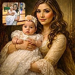 A proud woman holds a baby dressed in a delicate white lace gown, likely at a church ceremony with wooden floors and a colorful stained glass window in the background. The baby sports a floral headband, looking curiously at the camera while the woman smiles gently.