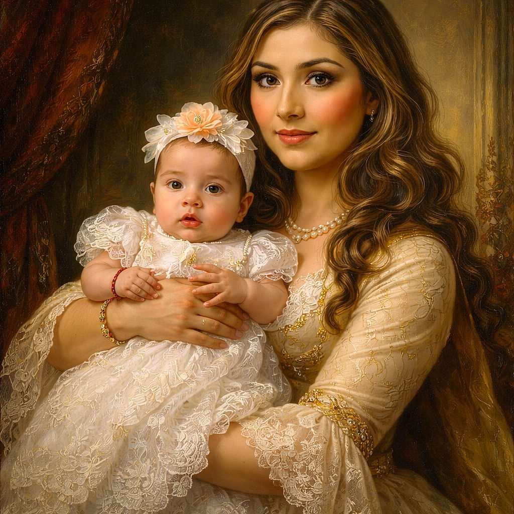 A proud woman holds a baby dressed in a delicate white lace gown, likely at a church ceremony with wooden floors and a colorful stained glass window in the background. The baby sports a floral headband, looking curiously at the camera while the woman smiles gently.
