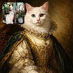 A fluffy white cat with striking heterochromia (one green eye and one blue eye) sits elegantly on a surface surrounded by various potted plants, flowers, and decorative items, with a mirror reflecting the scene behind it.