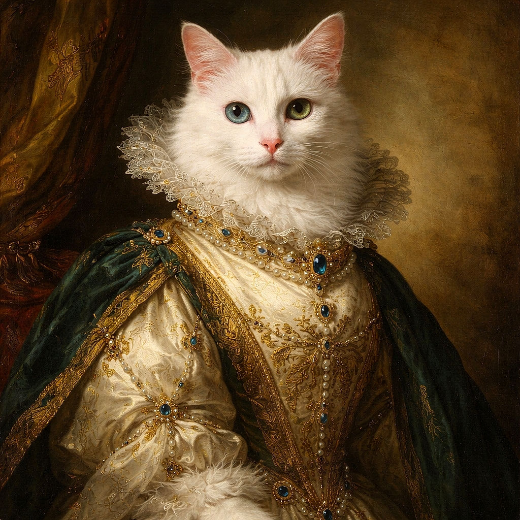 A fluffy white cat with striking heterochromia (one green eye and one blue eye) sits elegantly on a surface surrounded by various potted plants, flowers, and decorative items, with a mirror reflecting the scene behind it.