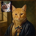 A serious ginger cat sits like a tiny orange security guard, paws neatly tucked and mismatched eyes locked onto the camera. Its blue collar and tag add a touch of official uniformity, while the cozy indoor background makes the whole scene feel like a very fluffy inspection checkpoint.