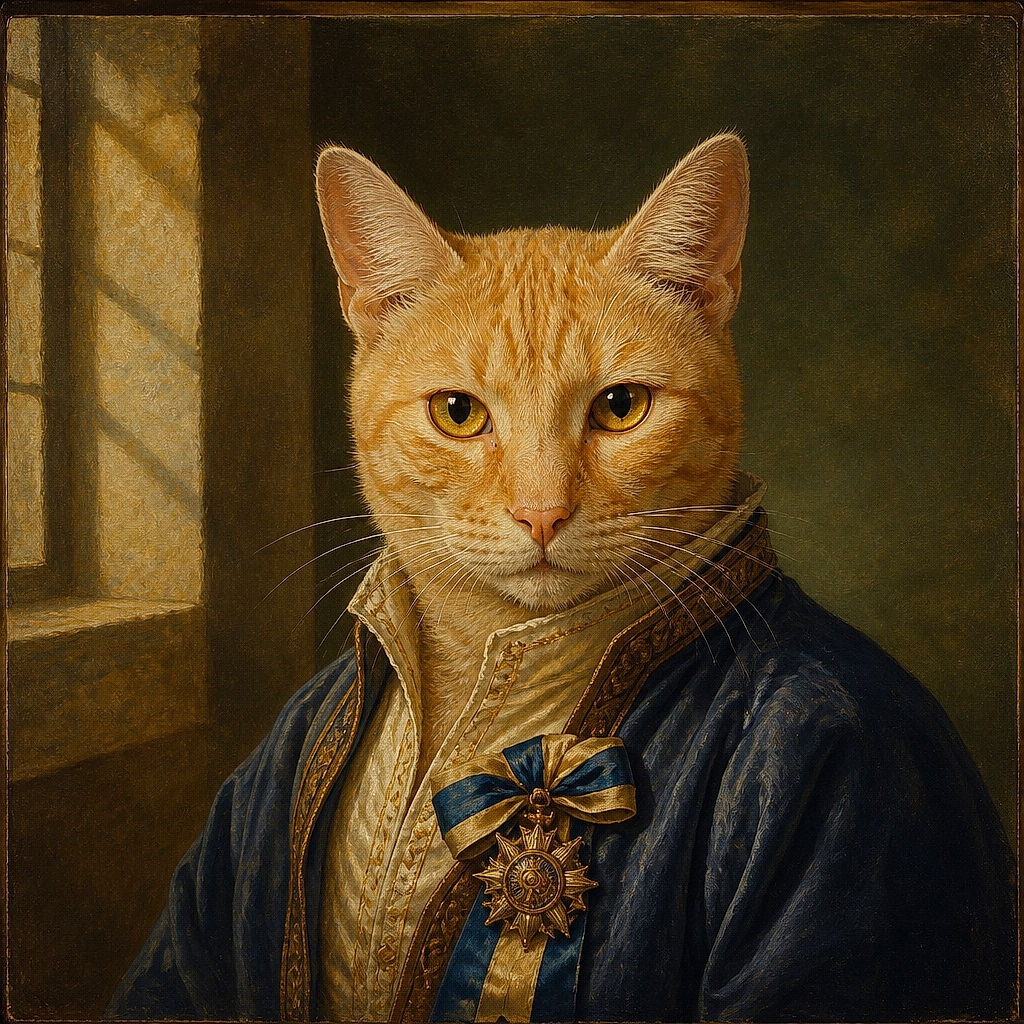 A serious ginger cat sits like a tiny orange security guard, paws neatly tucked and mismatched eyes locked onto the camera. Its blue collar and tag add a touch of official uniformity, while the cozy indoor background makes the whole scene feel like a very fluffy inspection checkpoint.