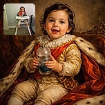 A happy toddler sits in a high chair holding a bottle, wearing an orange bib and beige pants, with a playful smile on their face. The setting is a cozy room with a plain wall, a door on the left, and a playpen on the right.