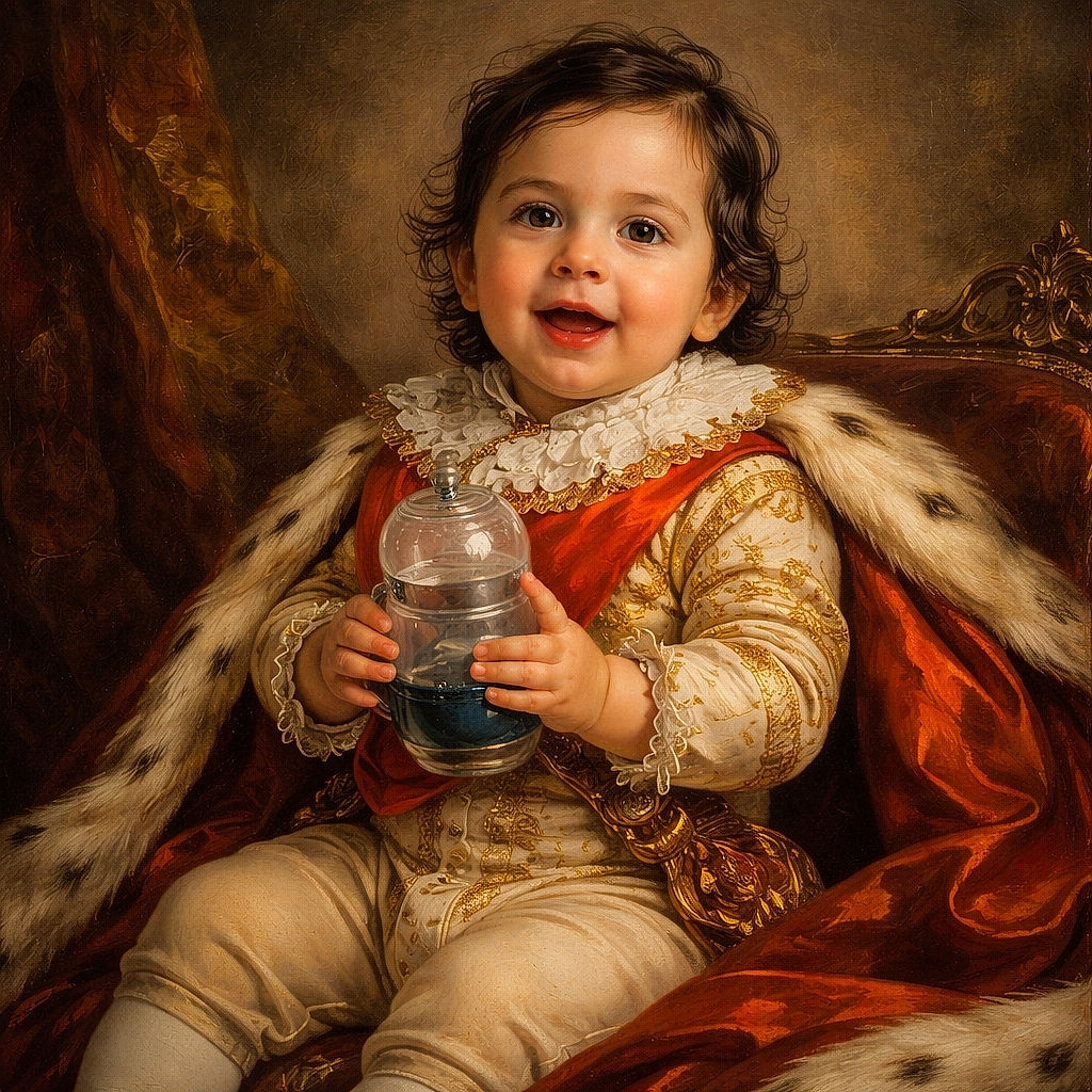 A happy toddler sits in a high chair holding a bottle, wearing an orange bib and beige pants, with a playful smile on their face. The setting is a cozy room with a plain wall, a door on the left, and a playpen on the right.
