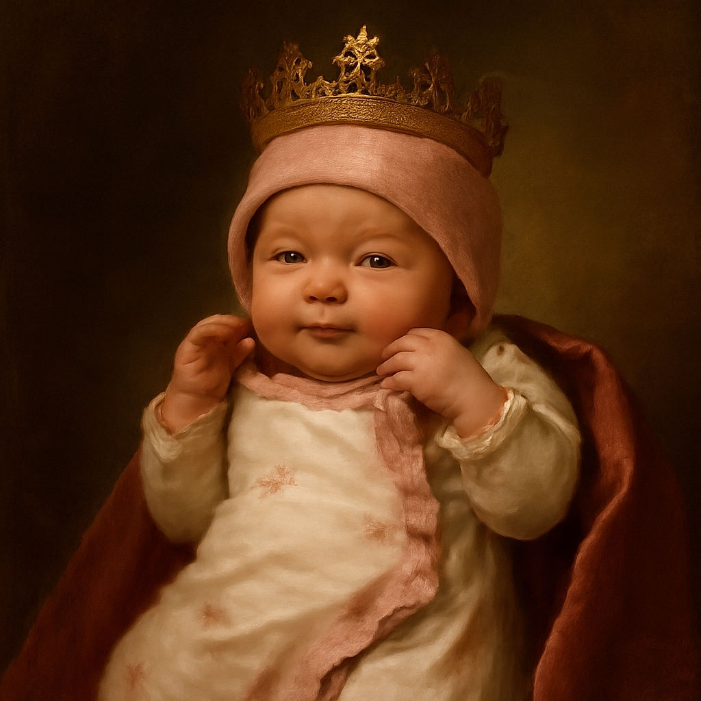 A tiny newborn baby snuggled in a pink and white floral onesie and matching hat, lying comfortably on a pink blanket inside a clear hospital bassinet, with a wooden sign above indicating birth weight.