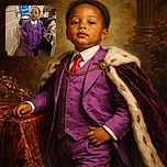 A serious-looking toddler dressed in a sharp purple suit and tie stands confidently in a cluttered room, hands in pockets, while an older man in a brown jacket and cap watches from the background near a bed with a patterned blanket.
