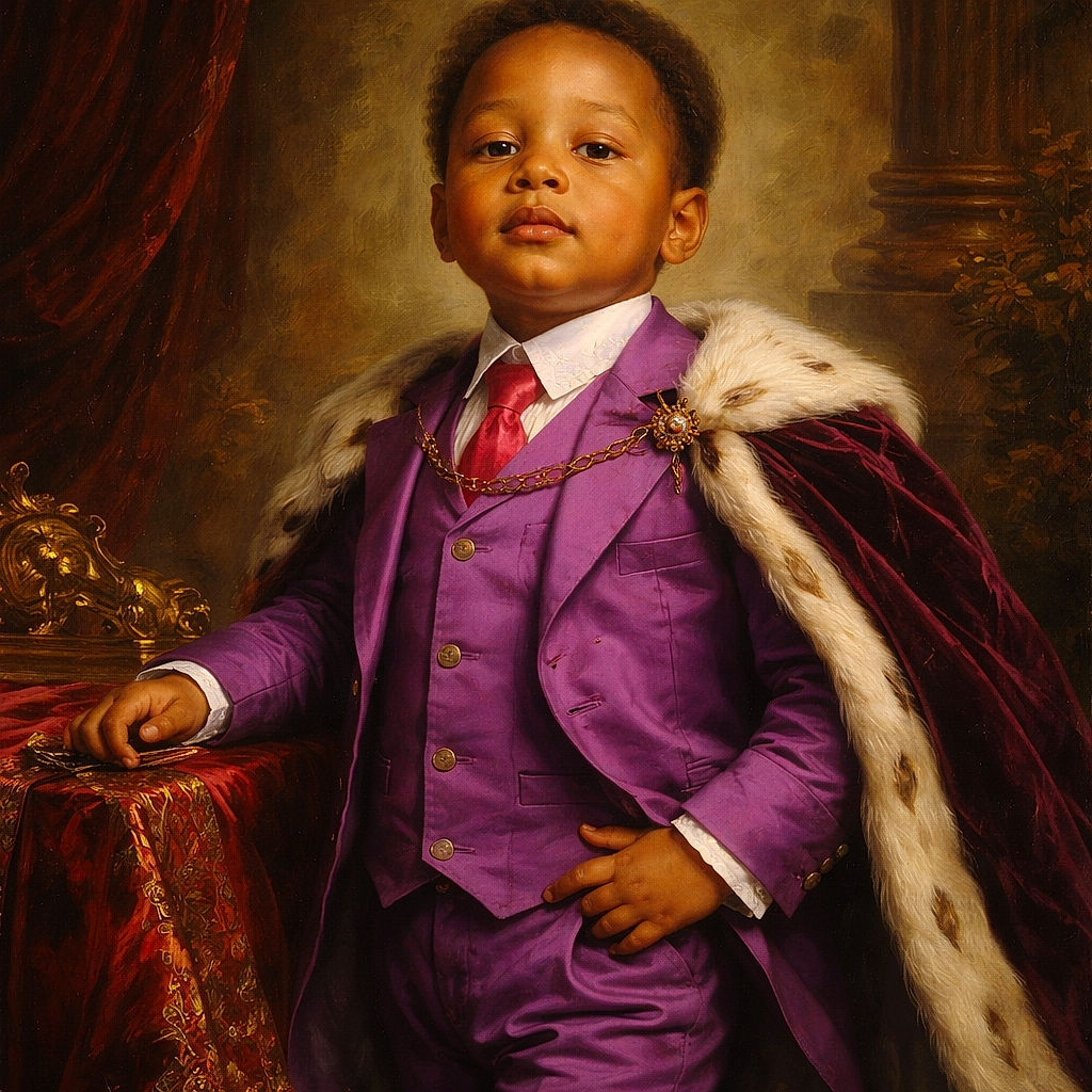 A serious-looking toddler dressed in a sharp purple suit and tie stands confidently in a cluttered room, hands in pockets, while an older man in a brown jacket and cap watches from the background near a bed with a patterned blanket.