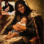 A cozy indoor scene with a smiling older child wearing a black hoodie and headphones, gently holding a baby dressed in a white top and navy shorts. The older child is sitting on a couch covered with a colorful orange patterned blanket, and a pink plush blanket is nearby. A mirror and some household items are visible in the background.