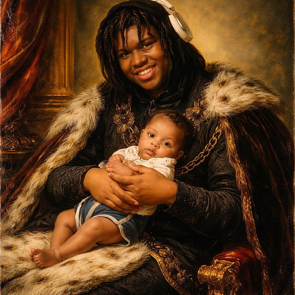 A cozy indoor scene with a smiling older child wearing a black hoodie and headphones, gently holding a baby dressed in a white top and navy shorts. The older child is sitting on a couch covered with a colorful orange patterned blanket, and a pink plush blanket is nearby. A mirror and some household items are visible in the background.