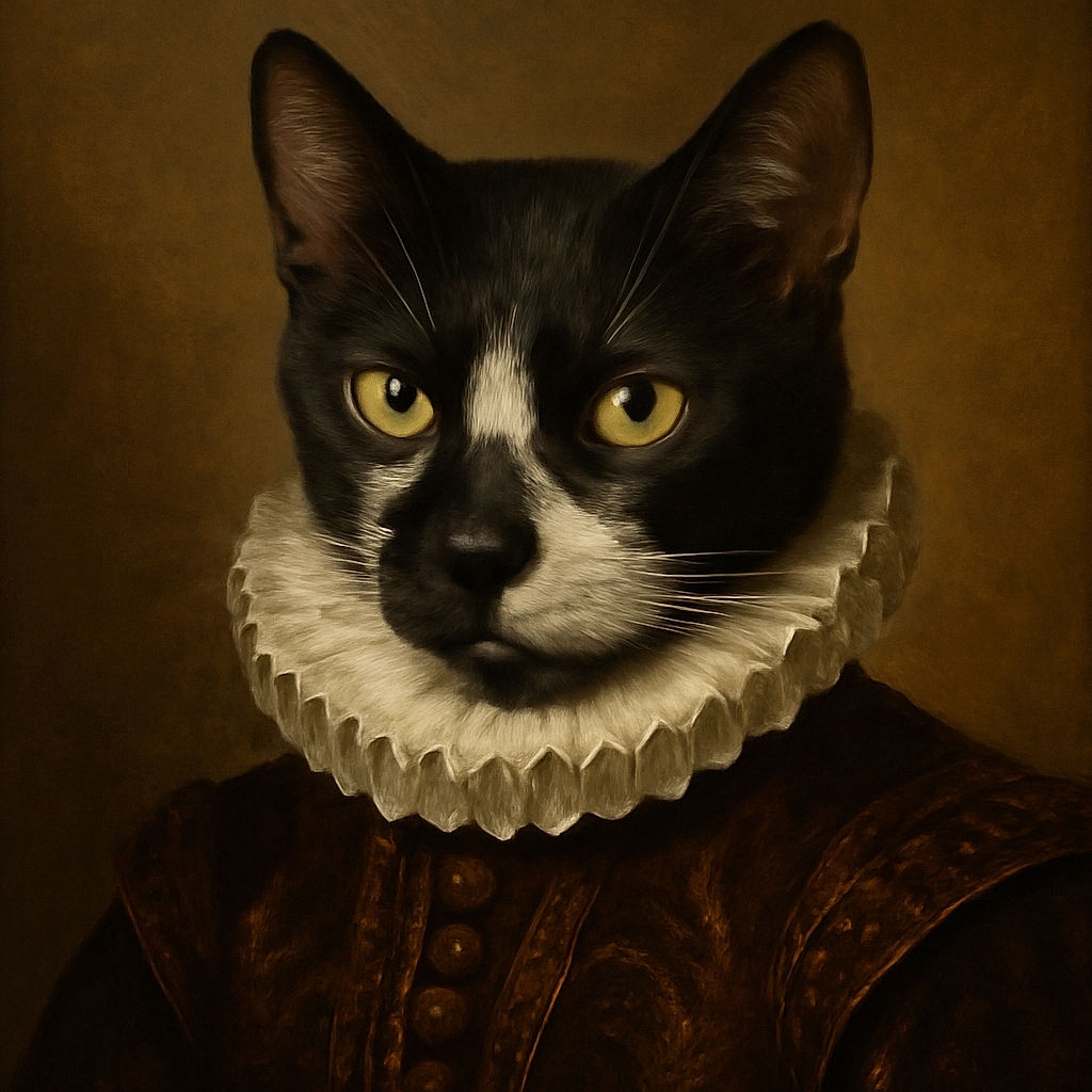 A close-up portrait of a tuxedo cat with striking yellow eyes and long white whiskers, staring intently at the camera with a curious and slightly serious expression, set against a neutral indoor background.