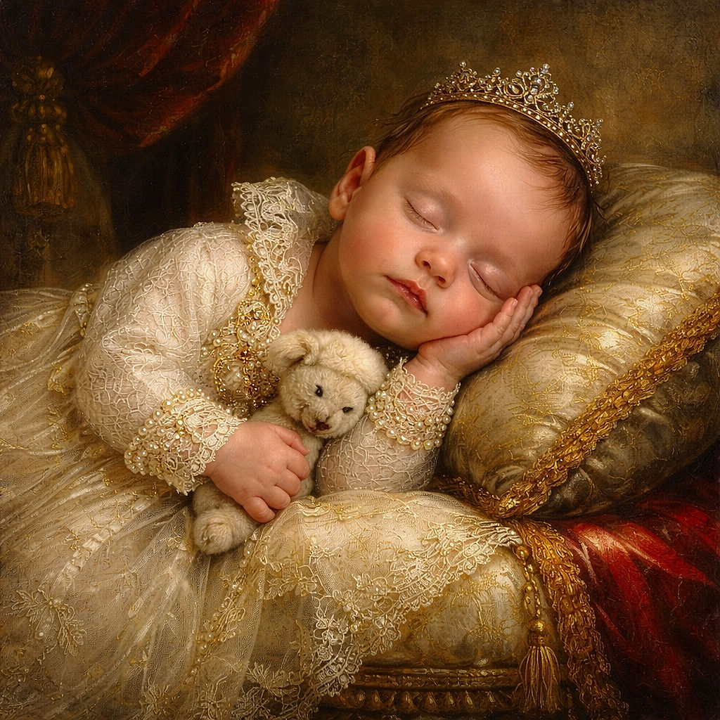 A tiny newborn naps like a pint‑sized royalty, cheek propped on a green pillow, clutching a sleepy plush lamb — the whole scene is buttery soft, cozy, and suspiciously more photogenic than most adults before coffee.