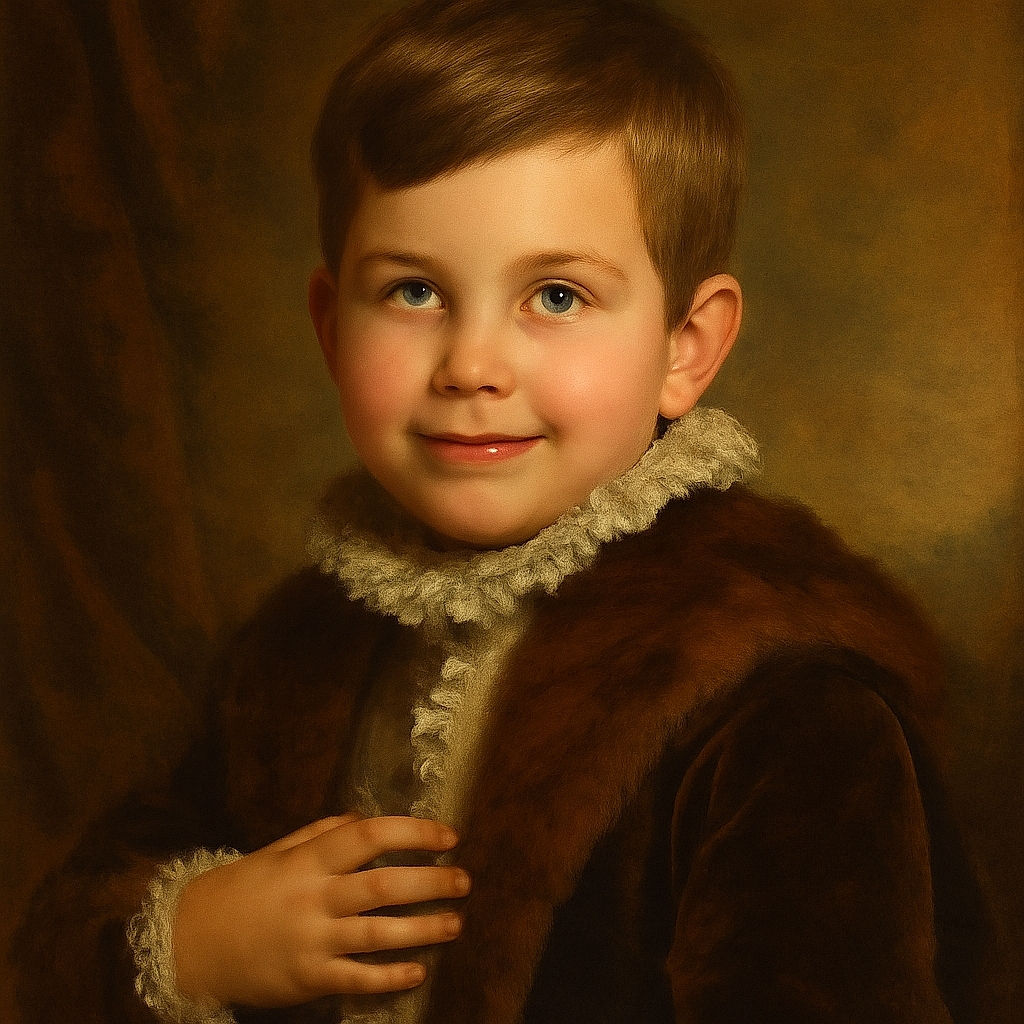 A close-up portrait of a young boy with tousled hair and expressive eyes, softly lit with natural light, sitting comfortably on a cushioned surface with a gentle smile.